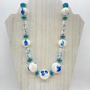 Vintage Ceramic Bead 30" Necklace Blue White Gold Tone‎ Spacer Beads Chunky